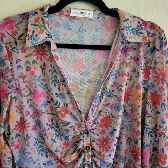 Natural Life Top Women's XL Multicolor Floral Sheer Rusched Front Carina Boho - Picture 3 of 9